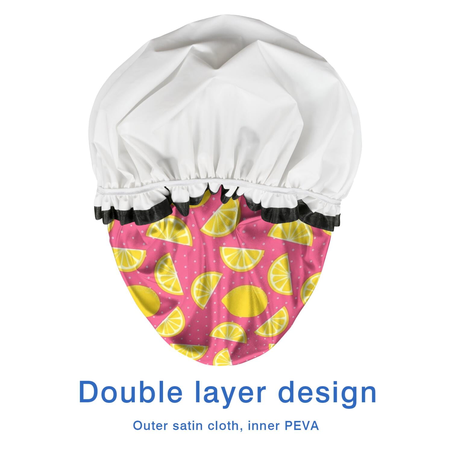 Shower Caps,Yellow Lemon Fruit Slices Pink Pattern Waterproof Shower Cap for Women 4 Pieces,Double Reusable Hair Cover for Shower PEVA Elastic Stretch Hem