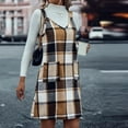 thumbnail image 4 of aohooy Plaid Overall Dress for Women Fall Winter V Neck Flannel Sleeveless Dresses Wide Strpas Pockets Pinafore Mini Skirts Beige,L, 4 of 6