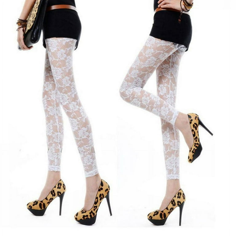 Women Lace Floral Pattern See Through Footless Leggings Women High Waist  Tights Long Leggings