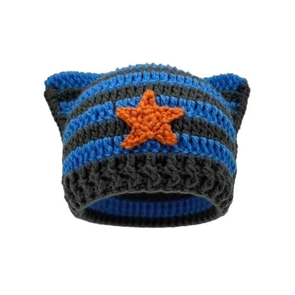 AJGRHE Cat Ear Beanie Y2K Hat, Star Cat Ear Cap For Adults Warm Hand Crocheted Ear Striped Wool Ear Cap Blue One Size
