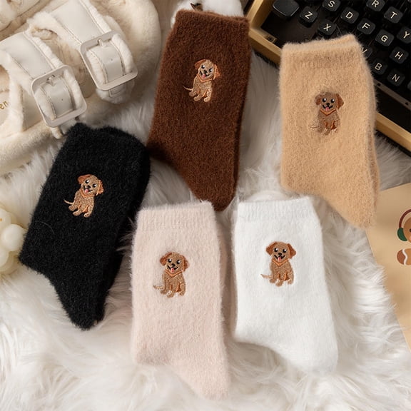 Women’s Fleece-Lined Warm Mid-Calf Crew Socks | Thick Plush Embroidered Puppy Design | Cozy Winter Sleep Sock, Soft Comfy Fabric, Gift Set for Cold Weather Relaxation