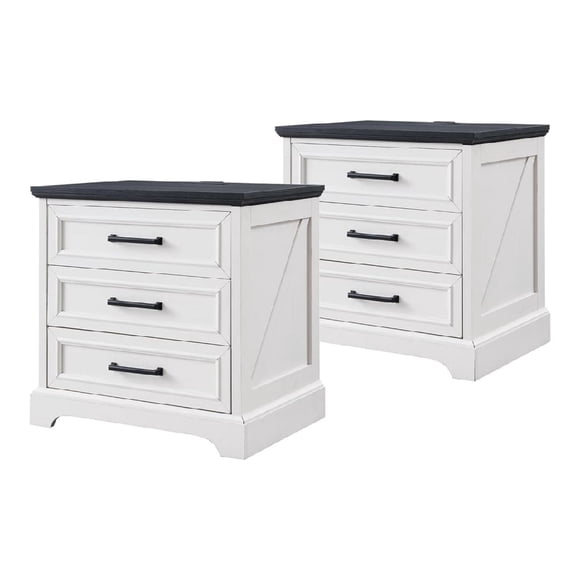 Ourlova 2pcs Farmhouse Nightstand with Charging Station 22 Inch Wide End Table with 3 Large Drawers Bar Handles Rustic Wood Small Dresser Chest of Drawers for Bedroom Living Room Closet Off White