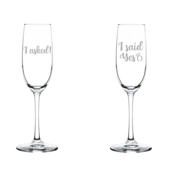 Set of 2 Glass Champagne Flutes Sparkling Wine Glasses Gift I Asked I Said Yes Engagement (8 oz Stemmed)