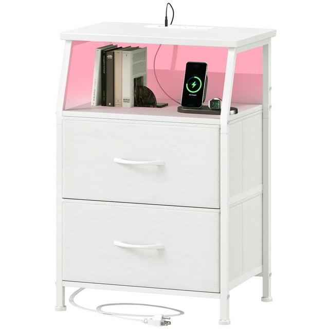 Eunos Petite Table de Chevet avec Station de Charge pour Chambre, Commode Blanche avec Étagères de Rangement