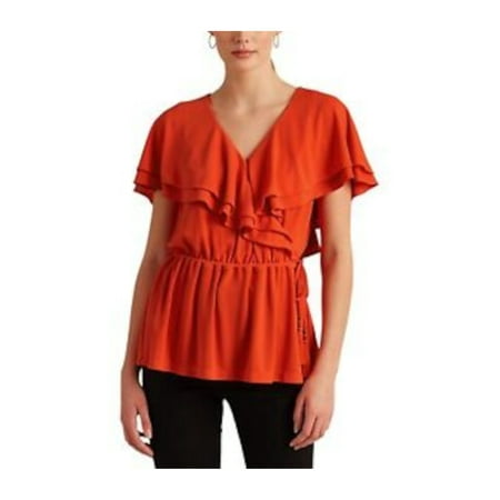 RALPH LAUREN Womens Orange Ruffled Short Sleeve V Neck Peplum Top XL