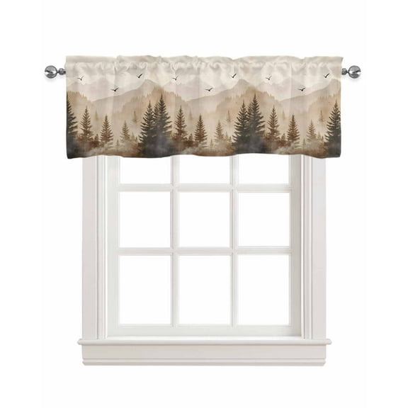 Fall Thanksgiving Kitchen Valances for Windows Farmhouse Linen Window Valance Curtain for Living Room Window Treatment Tan Forest Trees Autumn Birds Valance Rod Pocket Topper Drape, 42 x 12 Inch