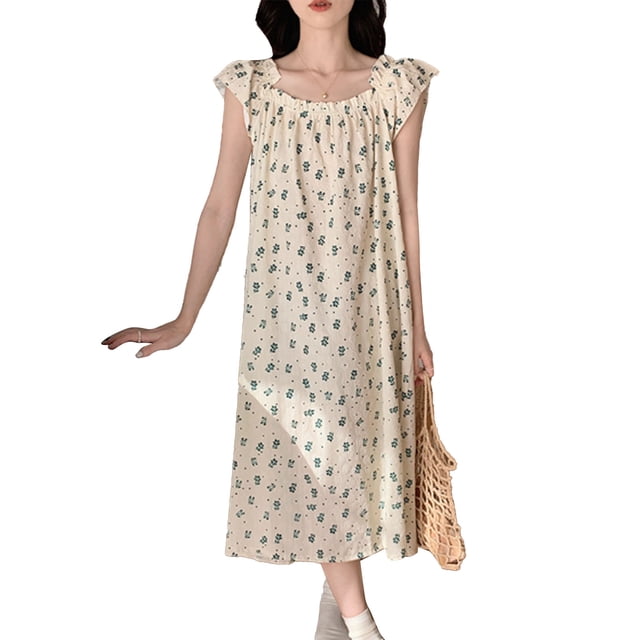 Camisón de verano sin mangas para mujer, suave, de algodón con estampado floral en azul XL