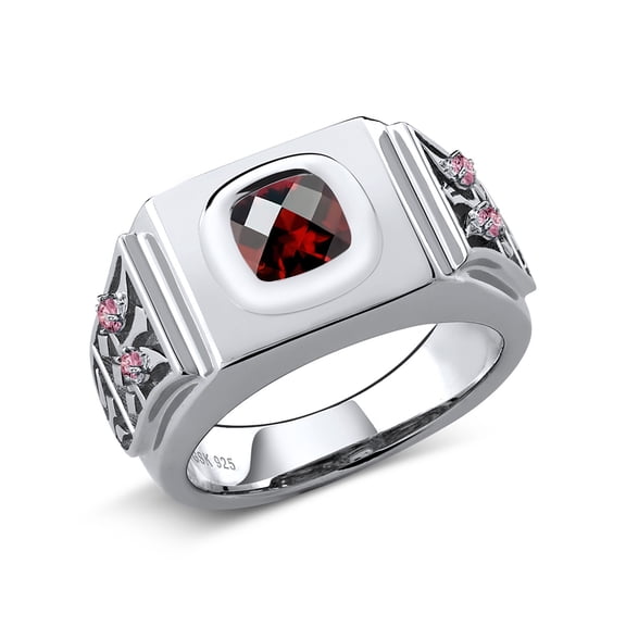 Gem Stone King 2.53 Cttw 8MM Cushion Checkerboard Red Garnet and Pink Lab Grown Diamond Ring for Men | 925 Sterling Silver | Gemstone Birthstone (Size 12)