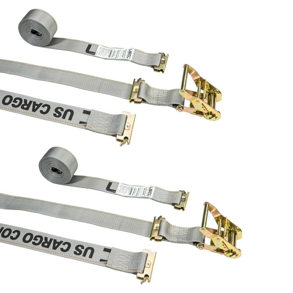 US Cargo Control E Track Ratchet Strap With Double-Fitted End - 2 Inch X 16 Foot Gray E Track Strap - 1,467 Pound Working Load Limit - Easily Secure Cargo In A Van, Truck, Or Trailer - 2 Pack