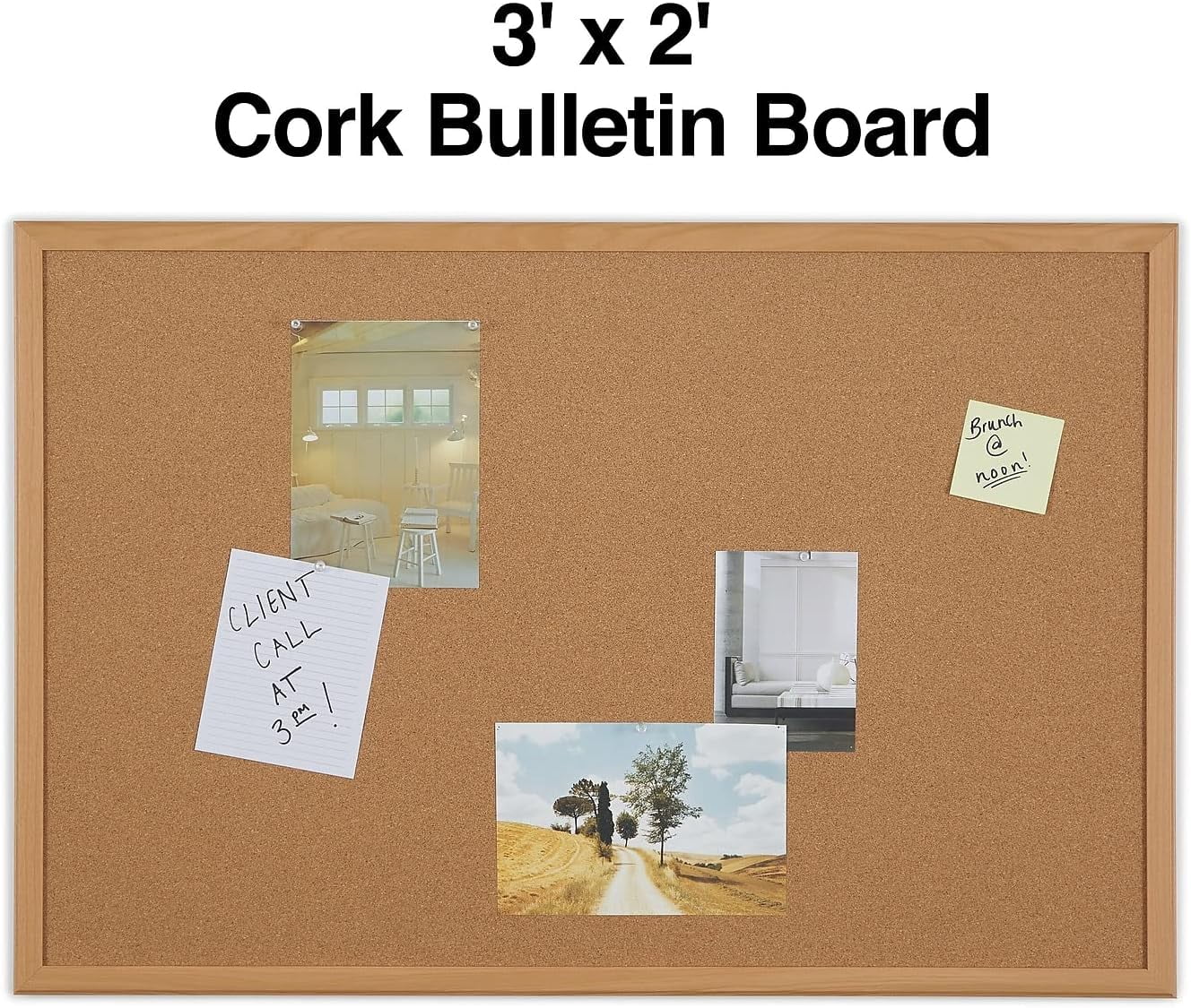 Cork Bulletin Board, 3 x 2 Feet, Oak Frame, Vertical or Horizontal Mount, Self-Healing Surface