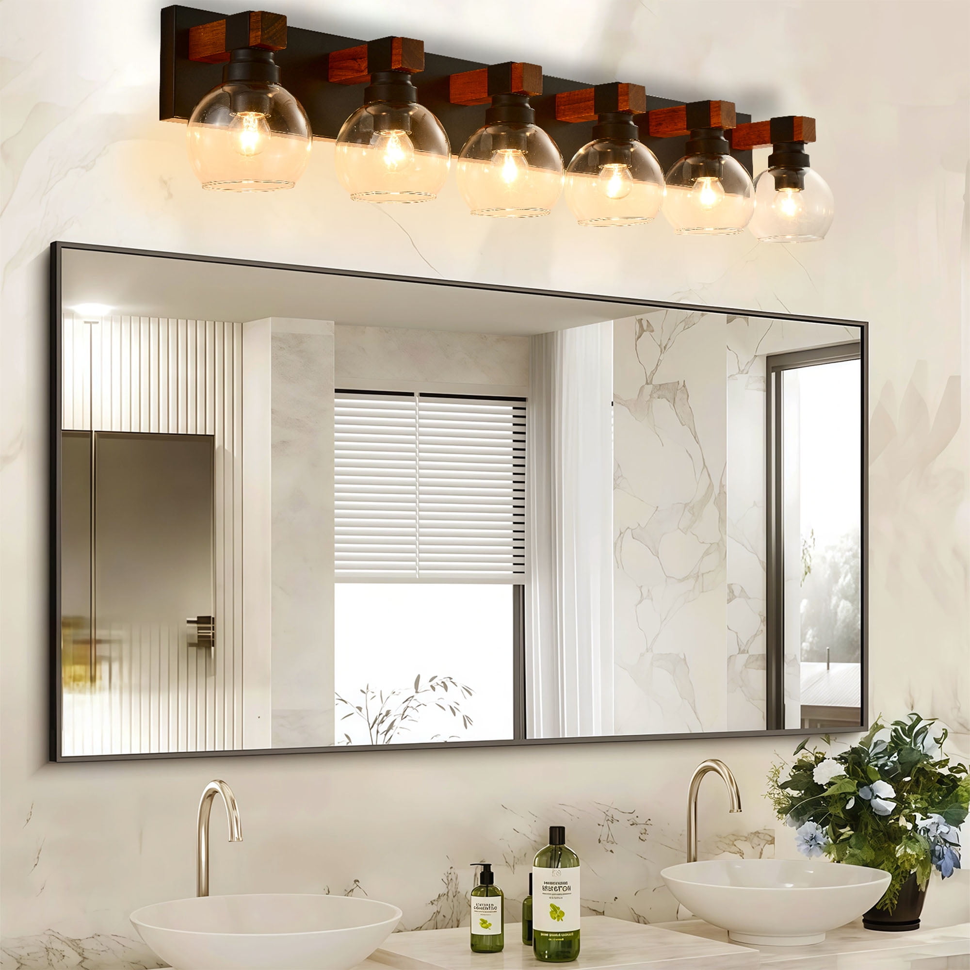 6 Light Bathroom Vanity Light Fixture,Black and Gold Bathroom Finish Over Mirror,Farmhouse Wall Sconces with Clear Glass Shade for Living Room Bedroom