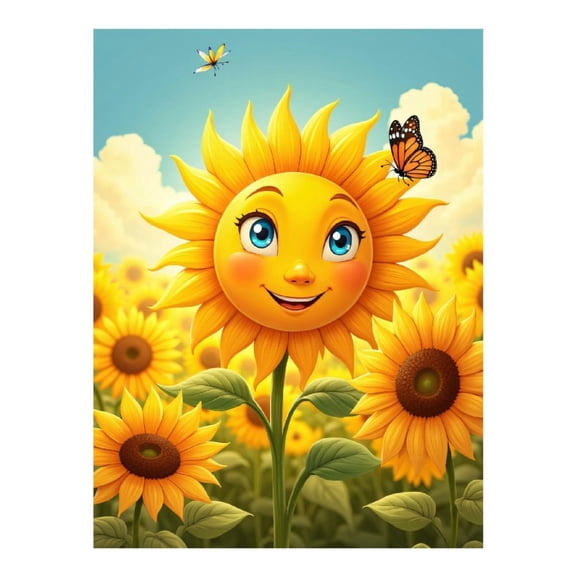 Diamond Art Kit for Adults, Sunflower Smile Cartoon Butterfly Field Diamond Painting for Adults Beginners, 5D DIY Diamond Art Painting Kits, Colorful Diamond Painting Craft for Home Decor 12x16