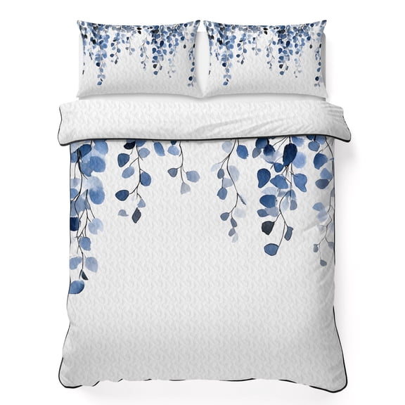Twin XL Quilt Set 68''x98'', Blue Eucalyptus Leaves Lightweight Bedspread Coverlet Set with 2 Pillow Shams, Weeping Spring Botanical Summer Breathable All Season Quilt Bedding for Dorm/Guest Room