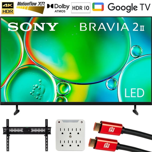 Sony K50S20M2 BRAVIA 2 II 50 inch 4K HDR Smart LED Google TV (2025) Bundle with Deco Mount 37"-70" TV Wall Mount Bracket Kit, 6FT 4K HDMI Cable and 6-Outlet Surge Adapter with Night Light