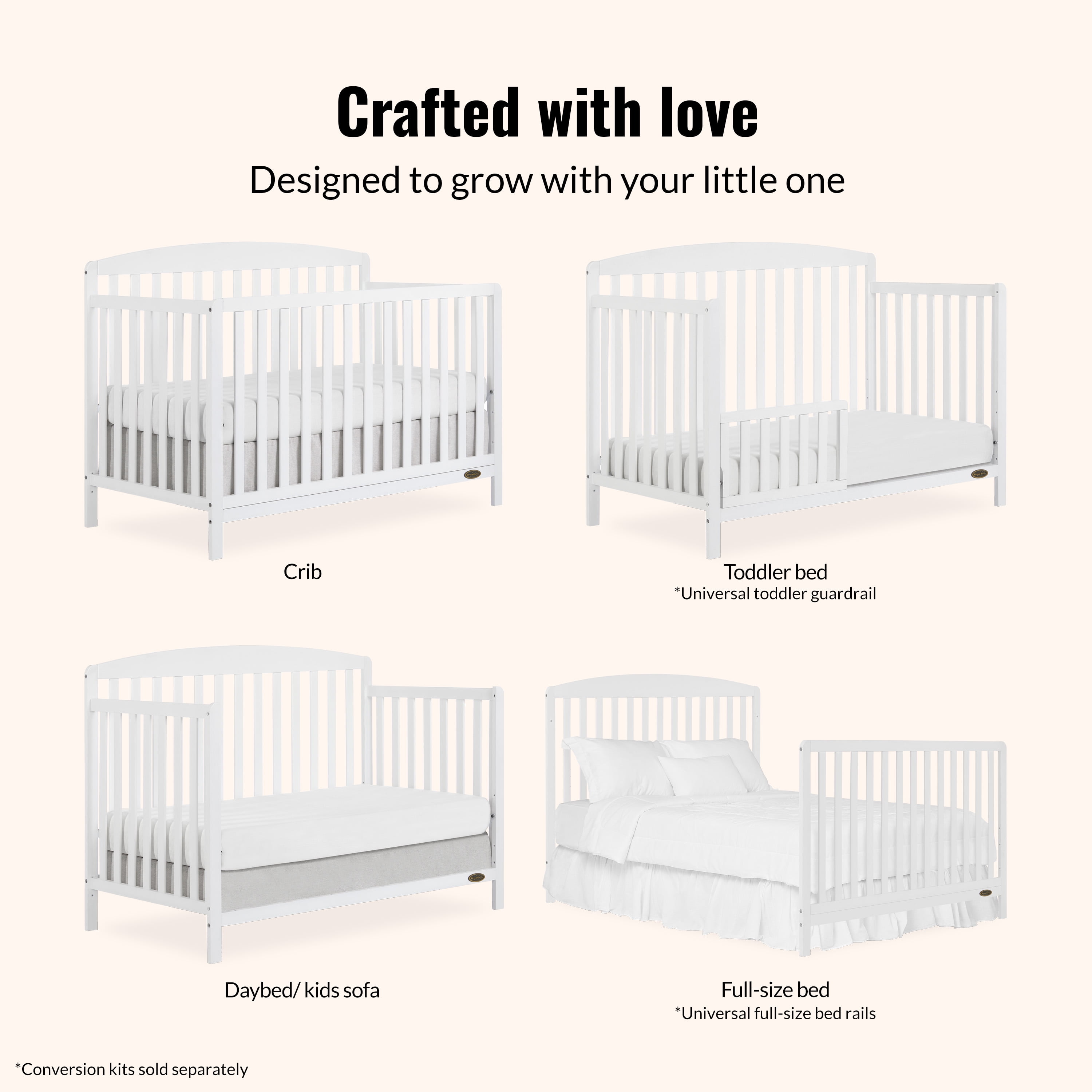 Dream On Me Odelle 5-in-1 Convertible Crib, Baby Crib to Toddler Bed and Full Size Bed, Three Adjustable Mattress Height Positions, White