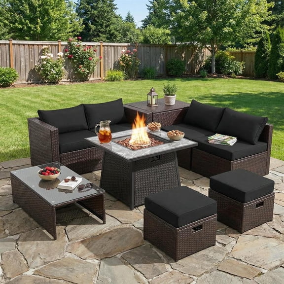 Topcobe 9 Pieces Patio PE Wicker Sectional Set with 50000 BTU Fire Pit Table, Outdoor Deck Furniture, Black