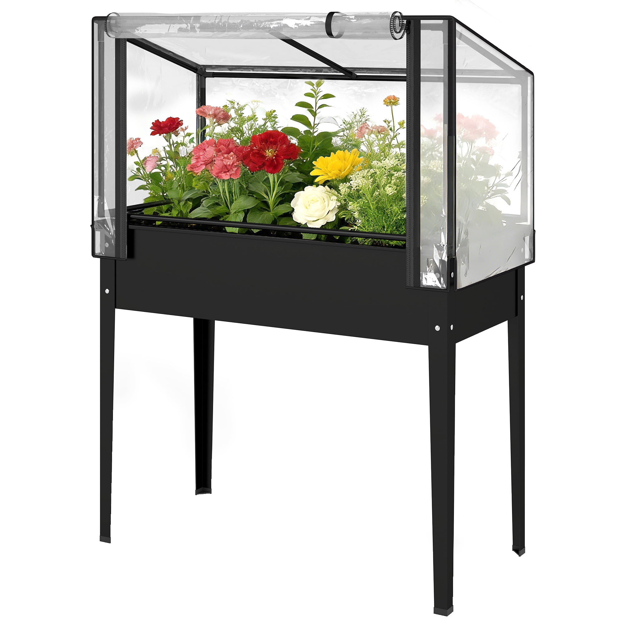 2-in-1 Raised Garden Bed with Mini Greenhouse Cover, Black Elevated Planter Box, Flip-Up Zippered Door, Drainage Hole, 0.6mm Rustproof Metal, 176lbs Capacity for Outdoor Plants