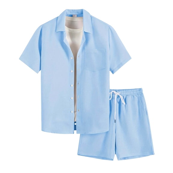 IWRICH Men's Plus Size Short Sets Outfits Summer Casual Button down Shirt and Shorts Set 2 Piece Vacation Beach Outfits Sky Blue XL