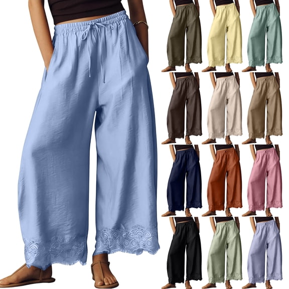 OIOLOYJM Wide Leg Cropped Pants for Women Lace Hem Drawstring High Elastic Waist Flowy Pants Summer Pleated Boho Beach Wide Leg Loungewear Light Blue L