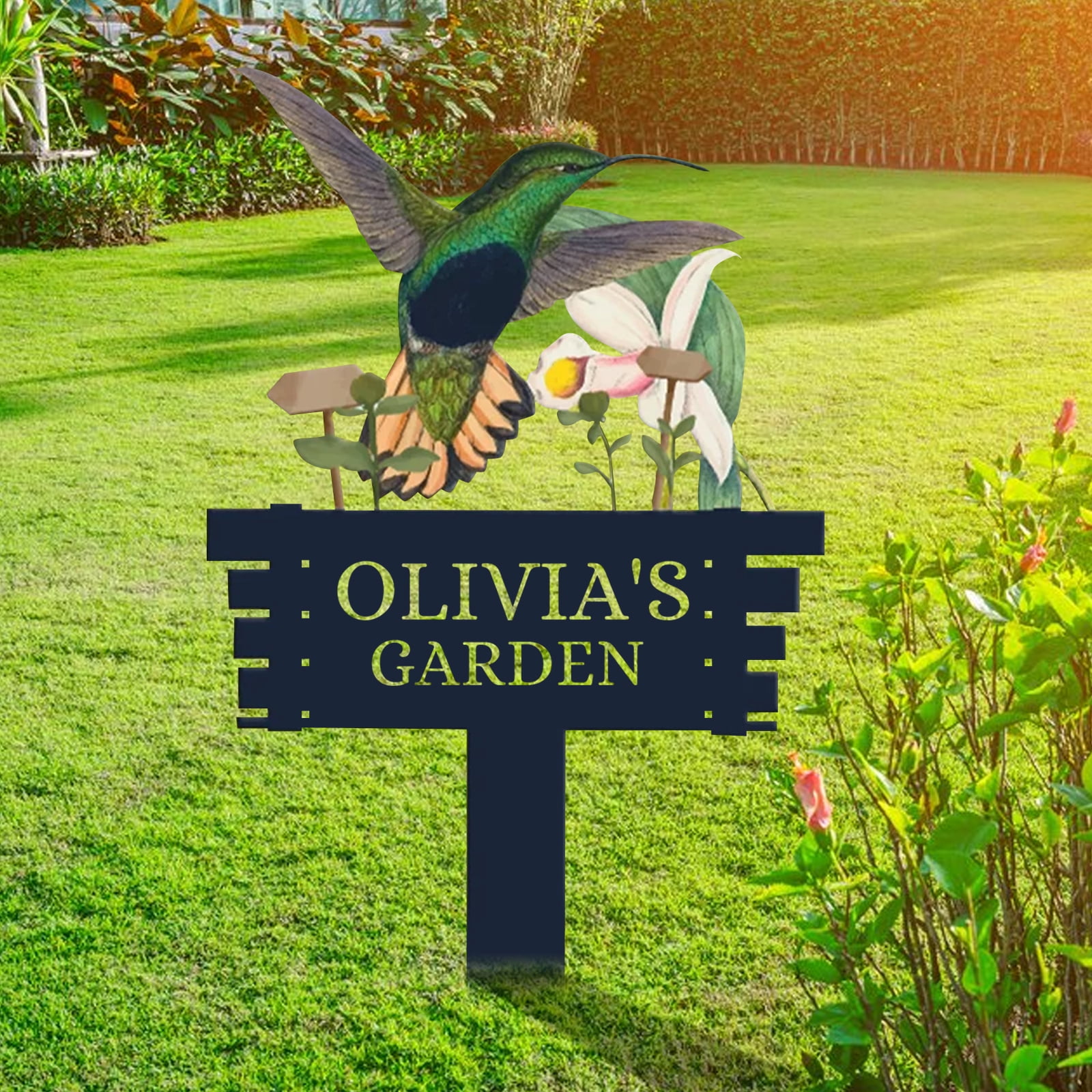 Personalized Humming Bird Flowers Garden Sign, Custom Metal Garden Signs for Outside, Custom Colorful Bird Garden Decor Art Yard Signs with Stakes, Custom Metal Name Sign Gift for Gardeners(10inches)