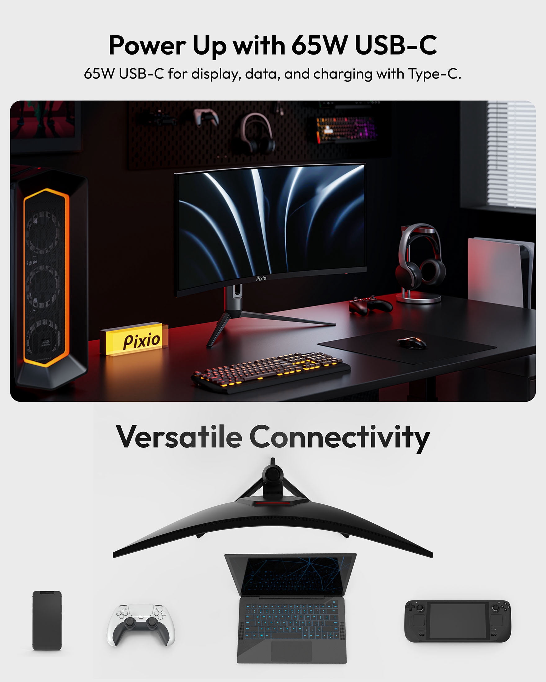 Pixio PXC348C Neo 34 inch 180Hz Refresh Rate UWQHD 1440p Ultrawide Resolution 1000R Curve Fast VA Panel 1ms Response Time USB-C Displayport 65W Charging Adaptive Sync HDR Curved Gaming Monitor