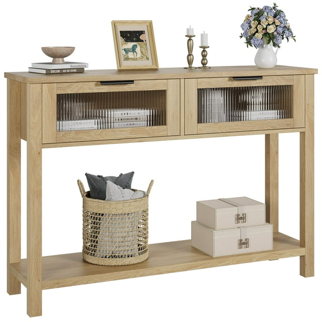 EDTara Table Console Étroite de 43 Pieds' avec 2 Tiroirs en Verre, Table de Sofa à 2 Niveaux pour Entrée, Table d'Appoint Moderne avec Rangement pour Salon, Couloir, Vestibule