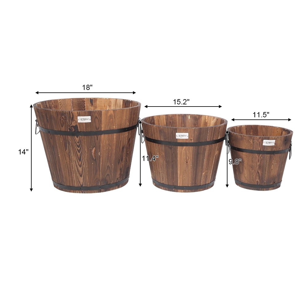 VINGLI Wooden Planter Barrel Set Brown Wood Rustic Flower Pots