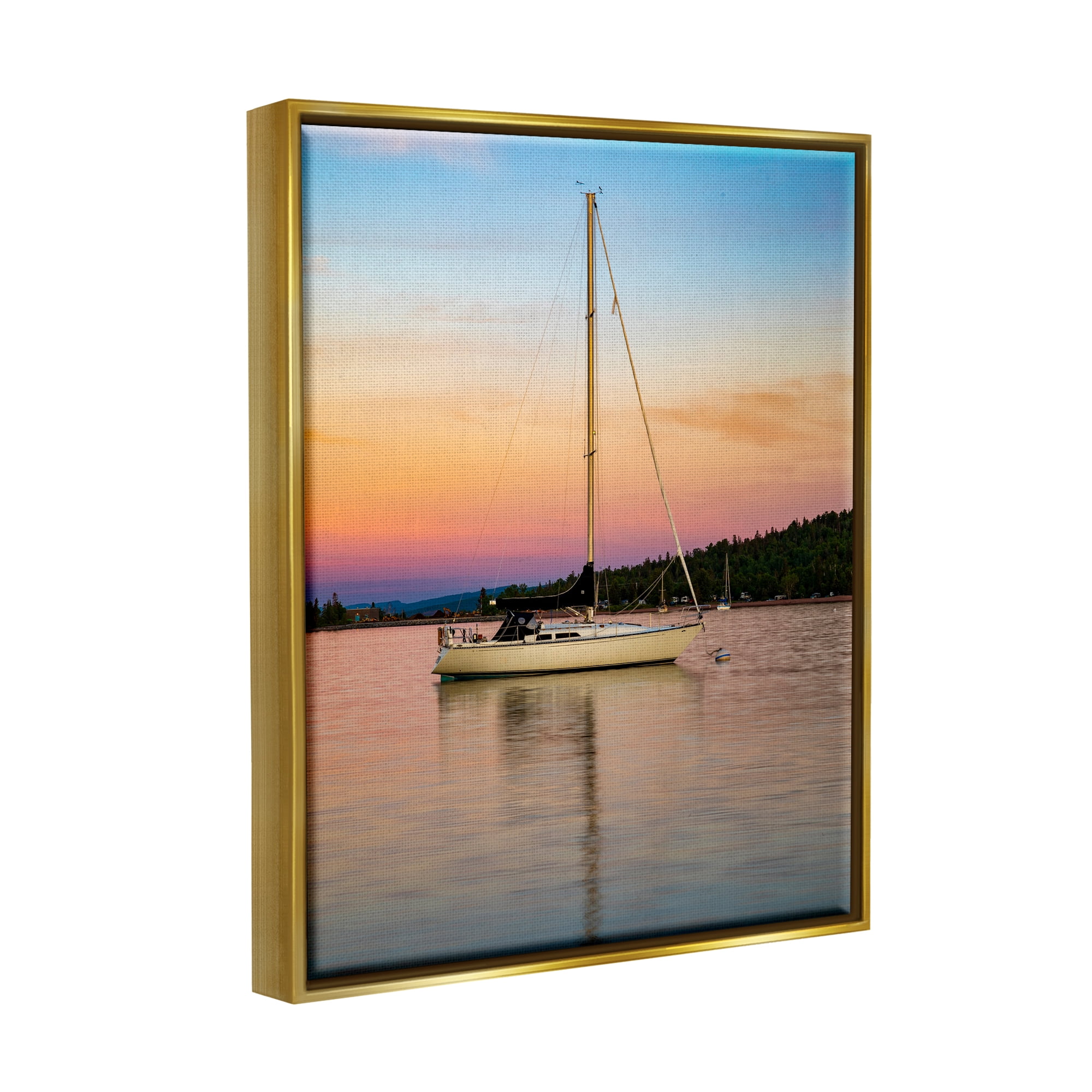 Stupell Industries Sunset Boat Photography Transportation Photography Gold Floater Framed Canvas Art Print Wall Art, 17 x 21