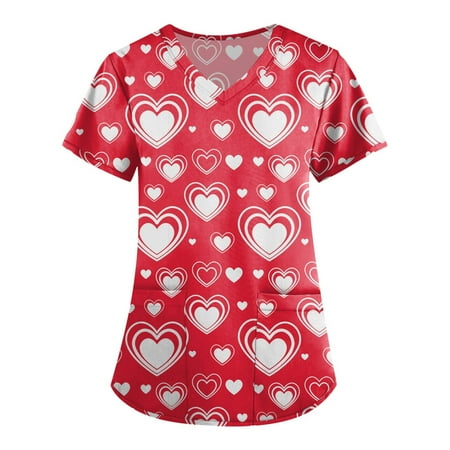 

QWERTYU Professionals Scrubs Top for Women Pockets Working Nursing Scrubs Holiday Valentine s Day T Shirt Short Sleeve V Neck Uniform Red 4XL