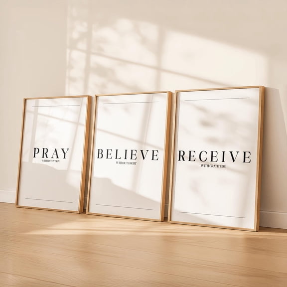 Pray Believe Receive Christian Wall Art Minimalist Faith Trio Scripture Quote Set 3 Unframed Paper Print 8x12