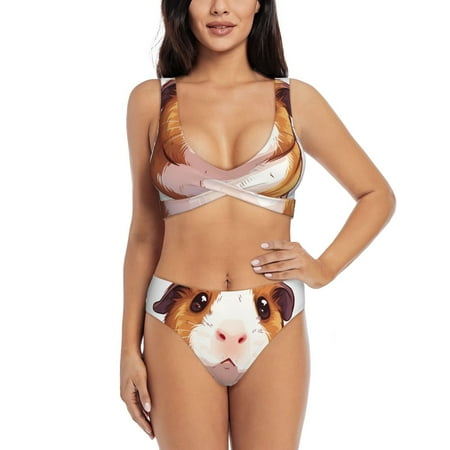 Zeuib Cartoon Guinea Pig High Waisted Tummy Control Bikini Set - Knot Front Push Up Top & Cheeky Thong Bottom  Two-Piece Swimsuit for Women-Medium