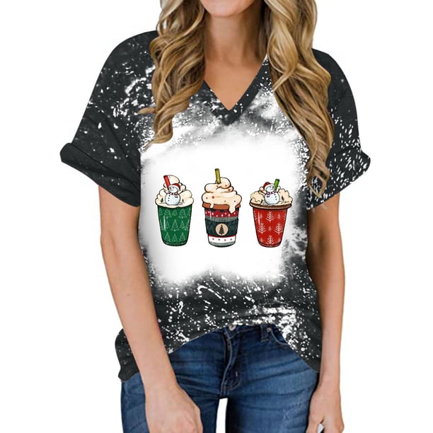 Tops Para Mujer Tops Con Estampado Navideño Blusa Con Letras Divertidas Camisetas Casuales Con Cuello en V Camisetas de Manga Corta Odeerbi ODB180256