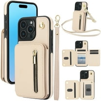 Allytechgroup Case for iPhone 16e with Credit Card Slot, Built-in Shoulder Strap Stand PU Leather Wallet RFID Blocking Phone Case Shockproof Protective for iPhone 16e, Apricot