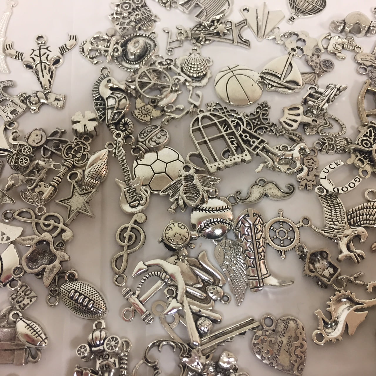 CHARMED LOT OF 100 PIECES SILVER METAL CHARMS JEWELRY MAKING BRACELACE ART  & CRAFT