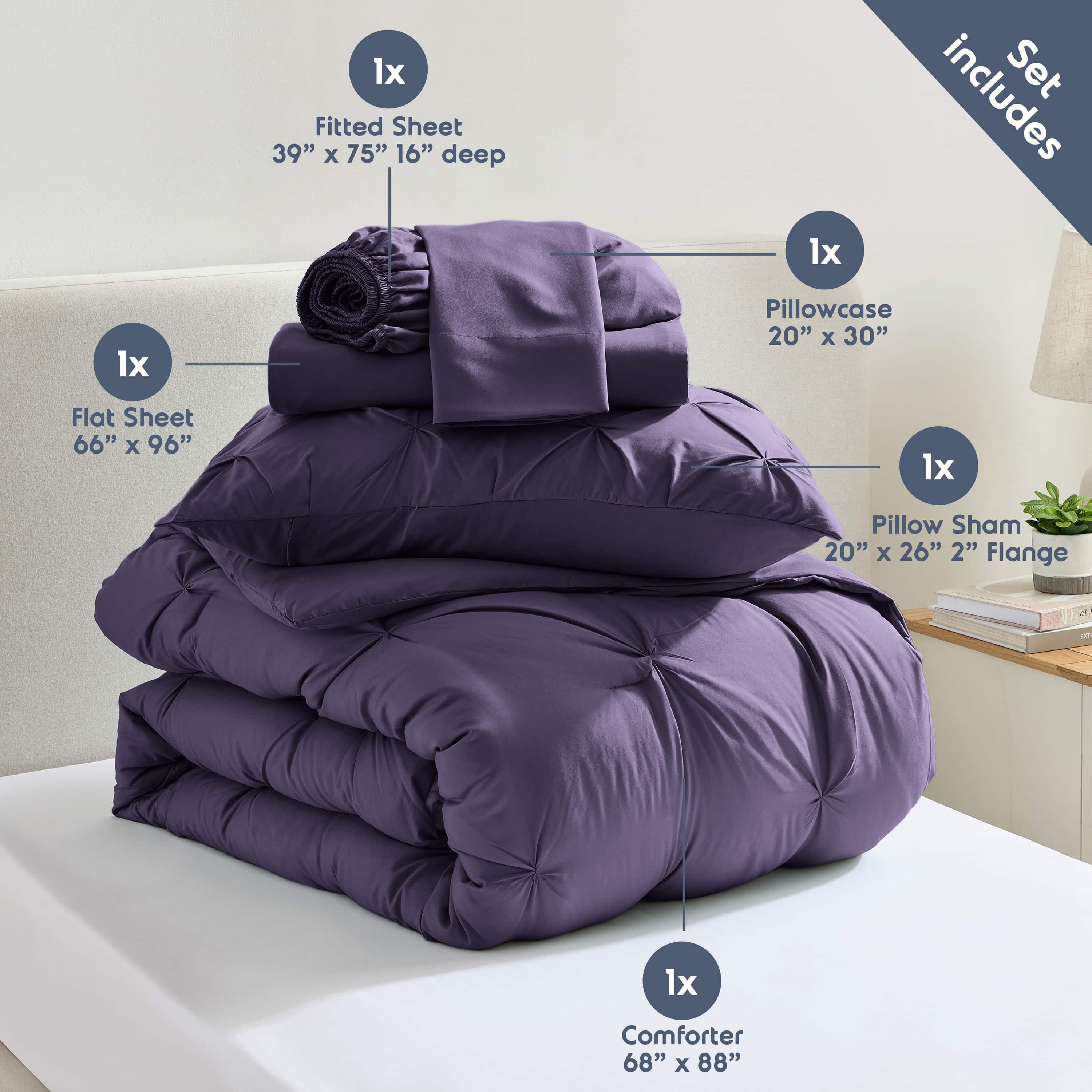 LammaLoe Twin Comforter Sets, 5 Piece Bed In A Bag Pintuck Bedding Sets, Purple