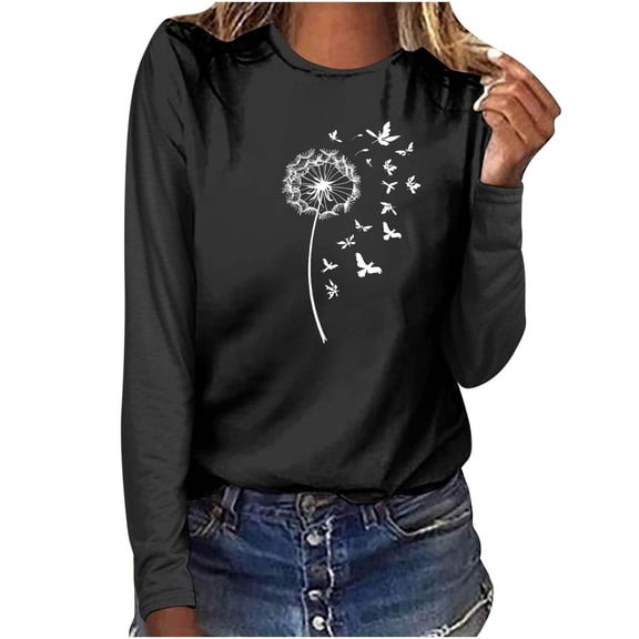 TtopsQueen Women Crew Neck Long Sleeve T-Shirt Dandelion Bird Graphic Tee Casual Loose Fit Soft Daily Tops Black,L