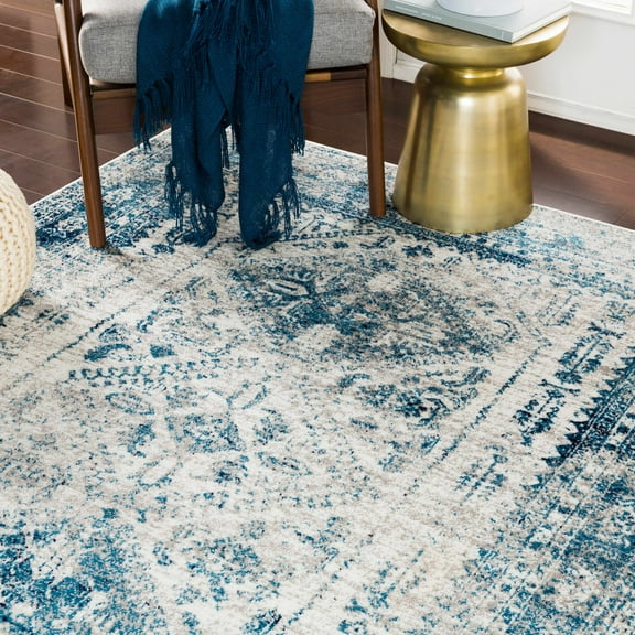 Hauteloom Inkom Living Room, Bedroom Area Rug - Traditional Bohemian Medallion Carpet - Gray, Blue, Denim - 5'3" x 7'3"