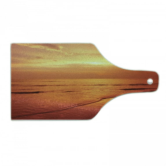 Ocean Cutting Board, Twilight Seascape at Karon Beach Thailand Exotic Vacation Getaway Destination Picture, Tempered Glass Cutting and Serving Board, Wine Bottle Shape, Red Yellow, by Ambesonne