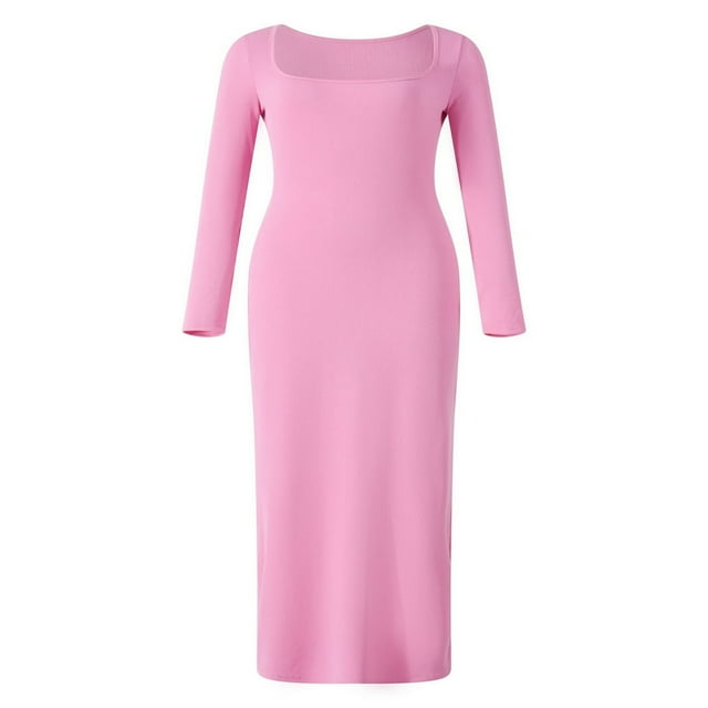 Women Long Bodycon Dress Solid Color Knitted Ribbed Square Neck Long Sleeve Dress Spring Fall Party Club Skinny Dress