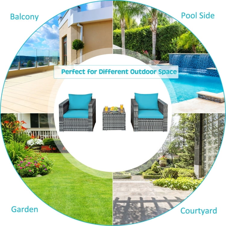 Aimee Lii 3 Pcs Patio Rattan Furniture Bistro Sofa Set with Cushioned, Modern Patio Furniture, Turquoise Aimee Lii 3 Pcs Patio Rattan Furniture Bistro Sofa Set with Cushioned, Modern Patio Furniture, Turquoise