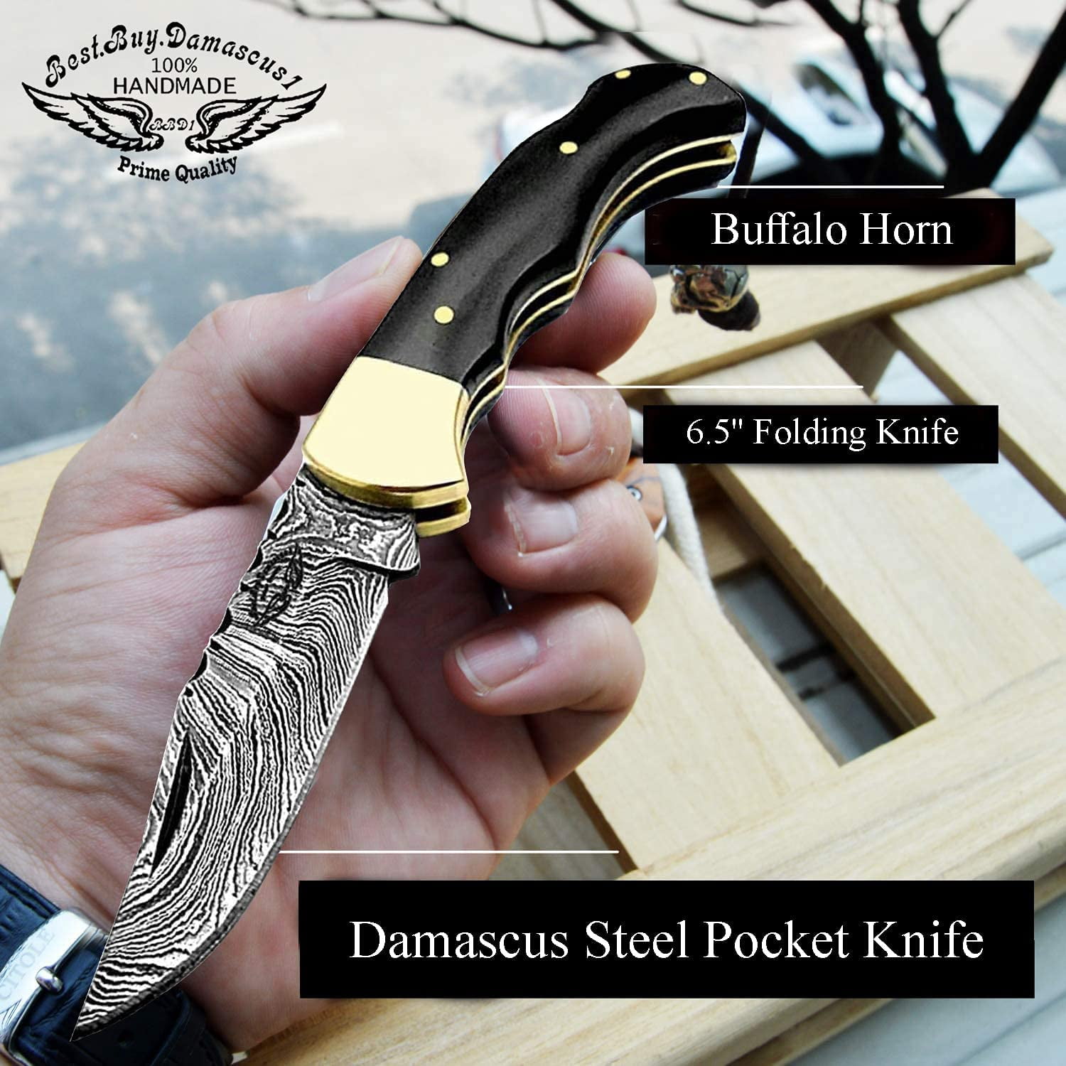 Best.Buy.Damascus1 Pocket Knife Set, Buffalo Horn Damascus Steel Hunting Knives, 3 in Blade, Black