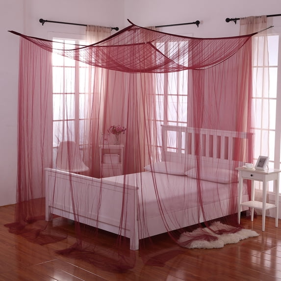 Burgundy Palace 4-Post Bed Sheer Mosquito Net Panel Canopy