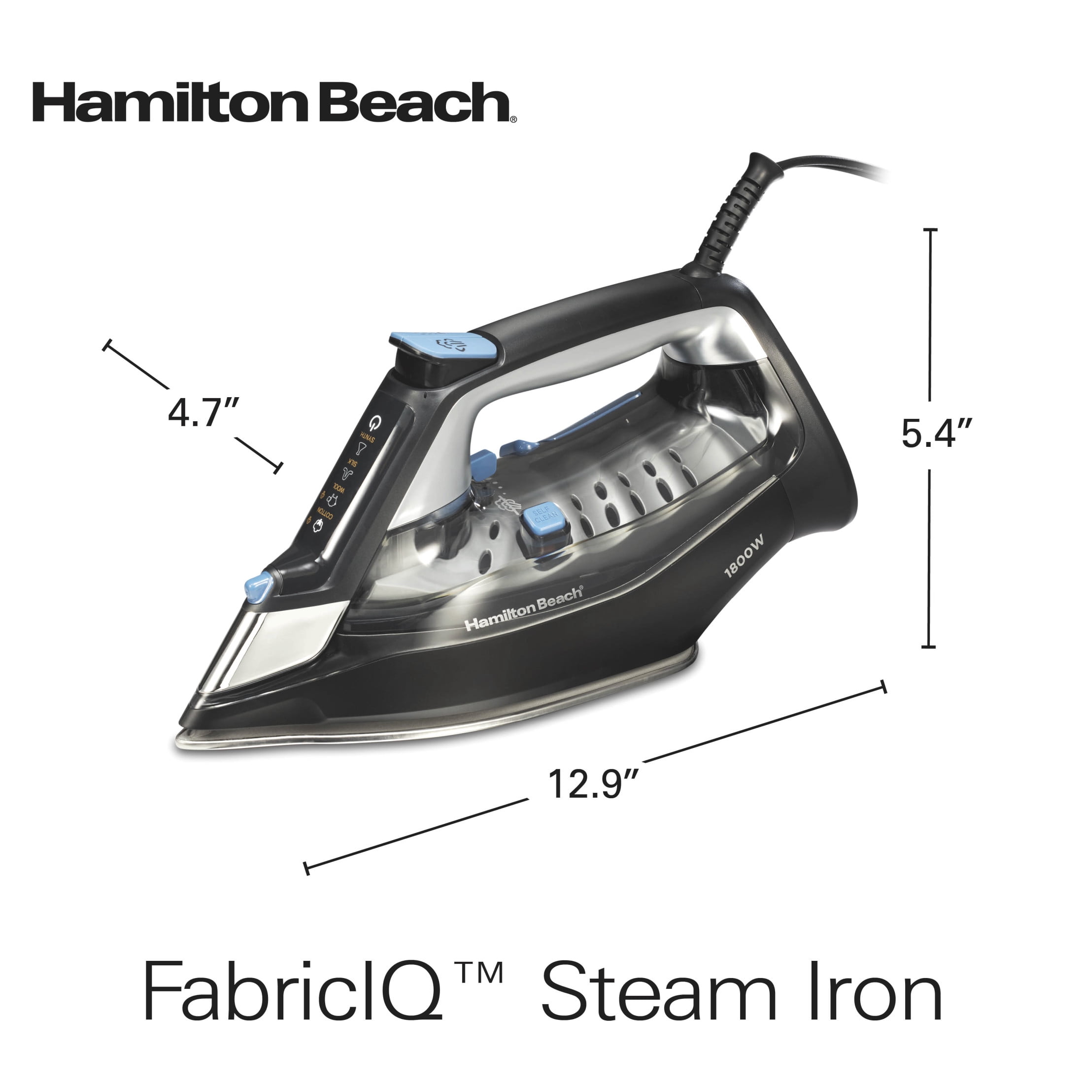 Hamilton Beach FabricIQ Clothing Steam Iron with Intuitive Touchpad & Stainless Steel Soleplate, Black