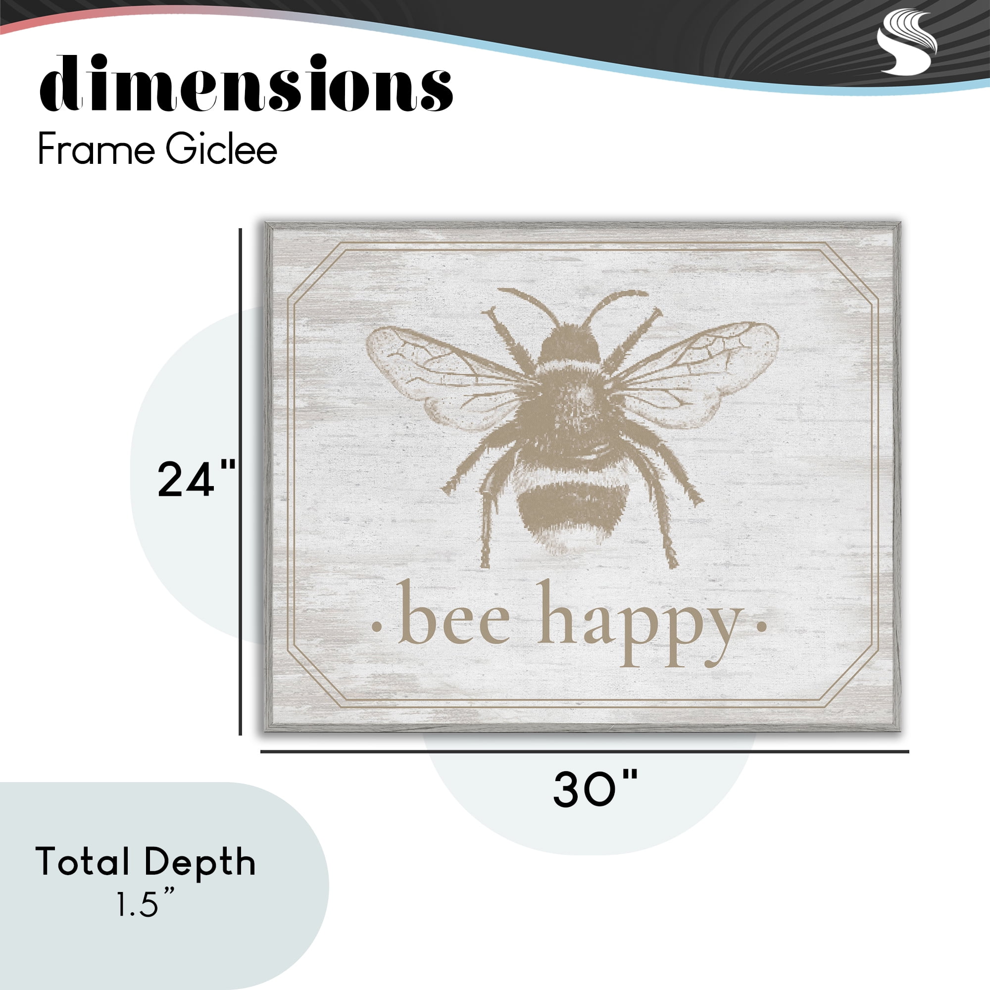 Bee Happy with Rustic Border Gray Framed Giclee Art, design by Lettered and Lined