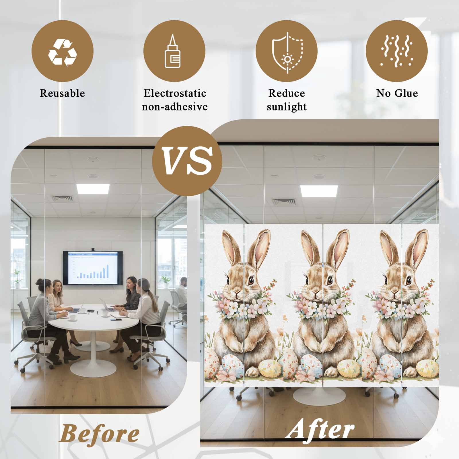 Easter Bunny Window Privacy Film, Eggs Wreath Frosted Glass Window Clings Static Cling UV Heat Blocking Reusable Door Sticker for Bathroom 23.6 x 59 Inch