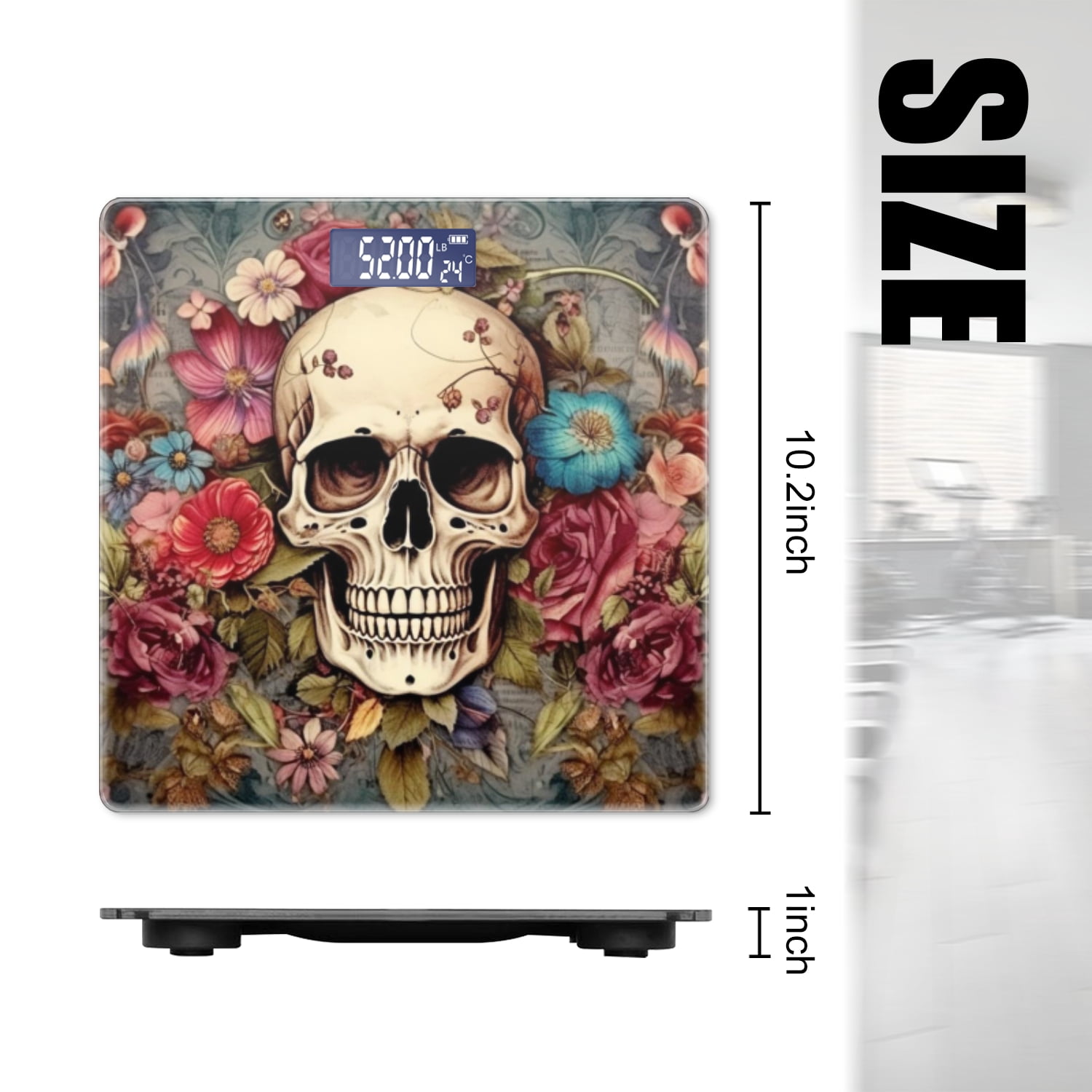 Bathroom Scale, Highly Accurate Digital Body Scale,Precisely Measures Weight up to 400 lbs-Skull Surrounded By Flowers In The Background Intricate Floral Pattern