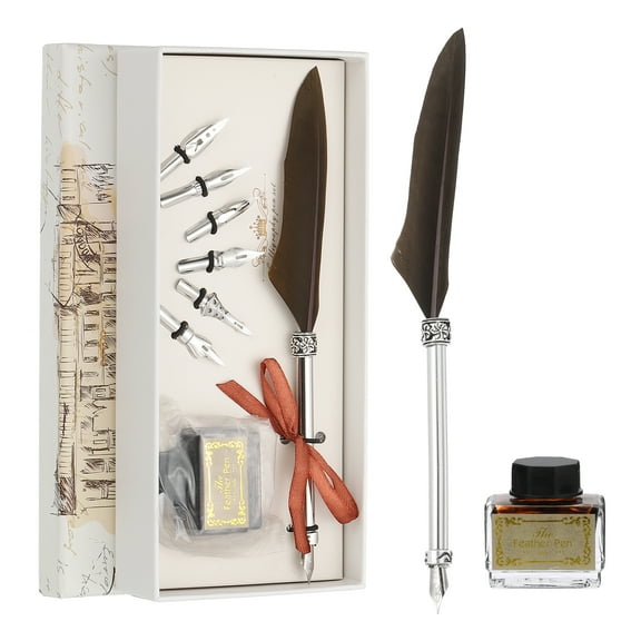 Uxcell 21.5cm/8.5" Carved Feather Pen Set, Vintage Quill Pen with Ink Set 6 Replacement Nibs for Writing Dip Pen, Brown