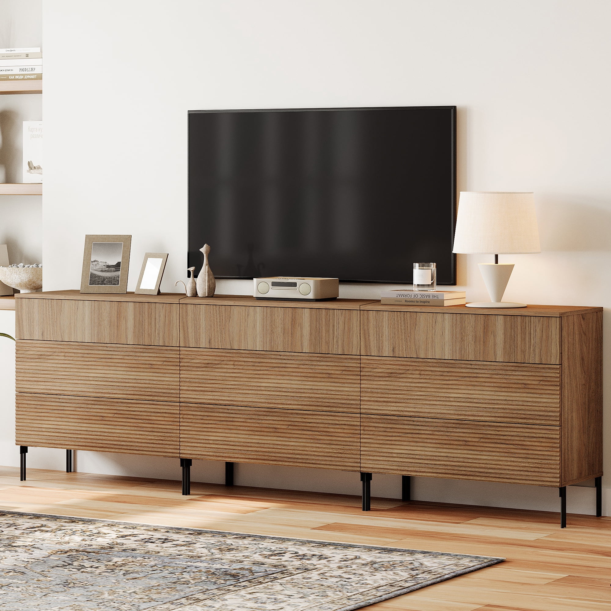Modern 9 Drawer Dresser TV Stand for TVs up to 100 Inch, Reeded Entertainment Center, Wood TV Console with Storage for Living Room