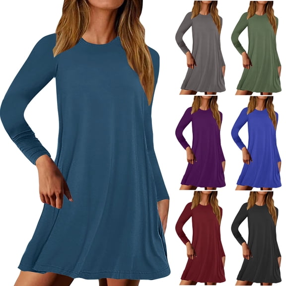 YHAJDS Women's Casual Dress,Casual Long Sleeve Dresses for Women Solid Color Round Neck Long Sleeve Dress Comfortable Loose Fashionable Women's Dresses Daily Wear