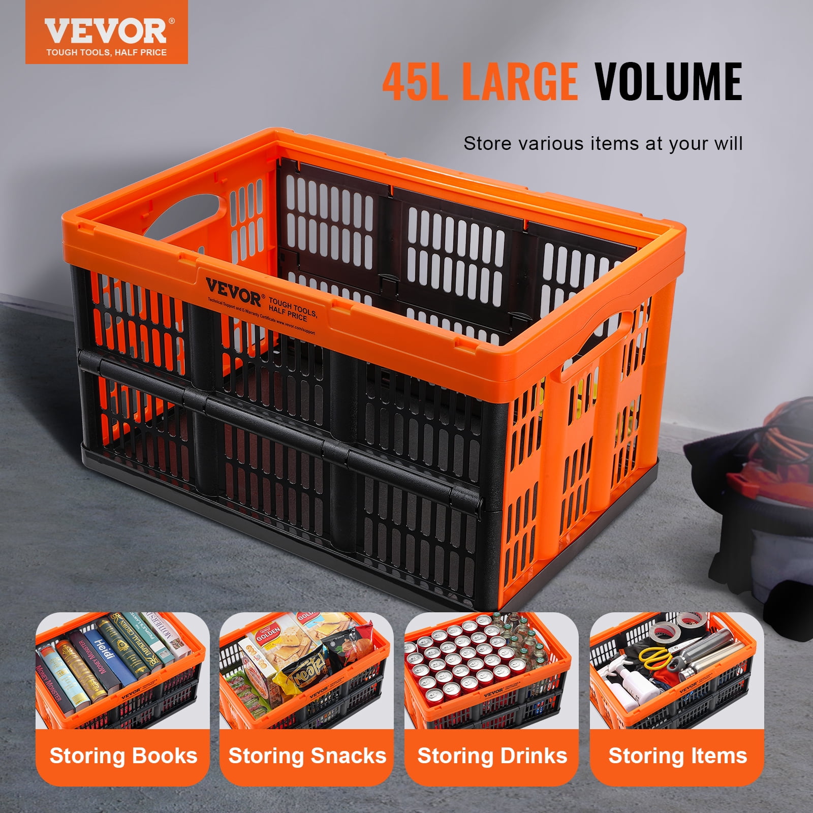 VEVOR Plastic Collapsible Storage Basket, 45L 3 Packs, Folding Stackable Storage Containers/Bins with Handles, Large Heavy Duty Containers for Clothes, Toys, Books,Snack, Shoes and Grocery Organizing
